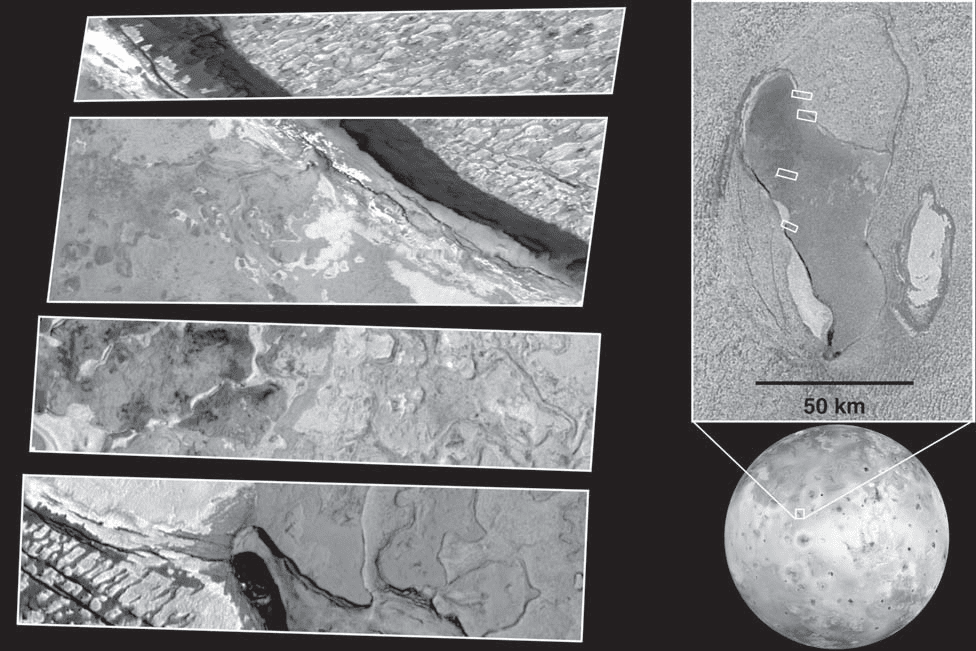 Galileo SSI high resolution (7–8 m/pixel) images of undivided patera floor material and white plains material in Chaac Patera, with lower resolution context. (c) David A. Williams