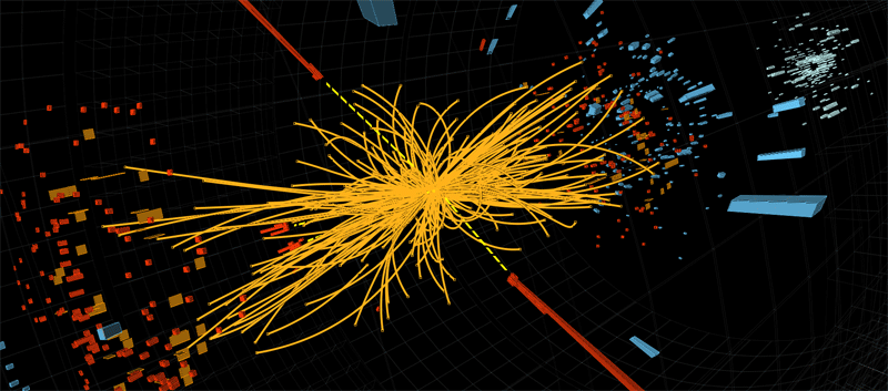 A proton-proton collision event in the CMS experiment produces two high-energy photons (the red towers). This is what physicists would expect to see from the decay of a Higgs boson, but it is also consistent with background Standard Model physics processes.