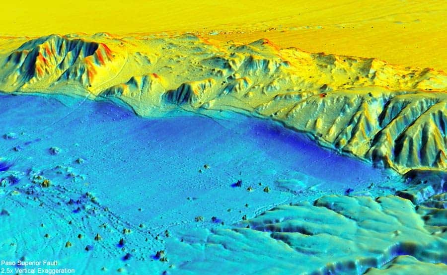 In the above image, blue shows where ground surface moved down whereas red indicates upward movement compared with the previous survey. 2.5x vertical exaggeration. © Science/AAAS