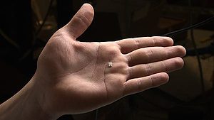 The self-propelled wirelessly powered prototype developed by Stanford scientists, 3mm wide and 4mm long, showed resting upon one of the researcher's hand. (c) Stanford University 