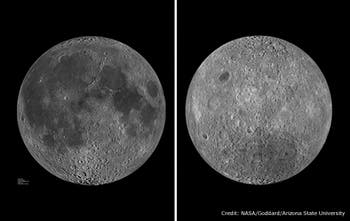 The Earth facing side of the moon (left), featuring a human face-like pattern, and the opposite facing side (right). (c) NASA