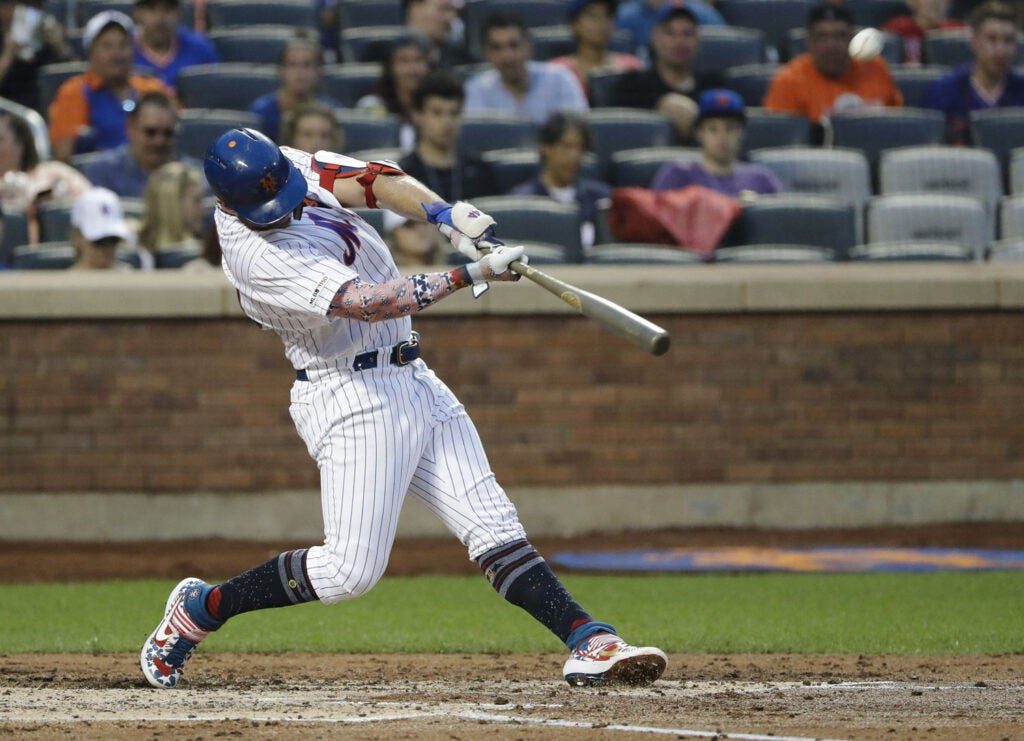 New York Mets rookie first baseman Pete Alonso connects for a home run on July 5