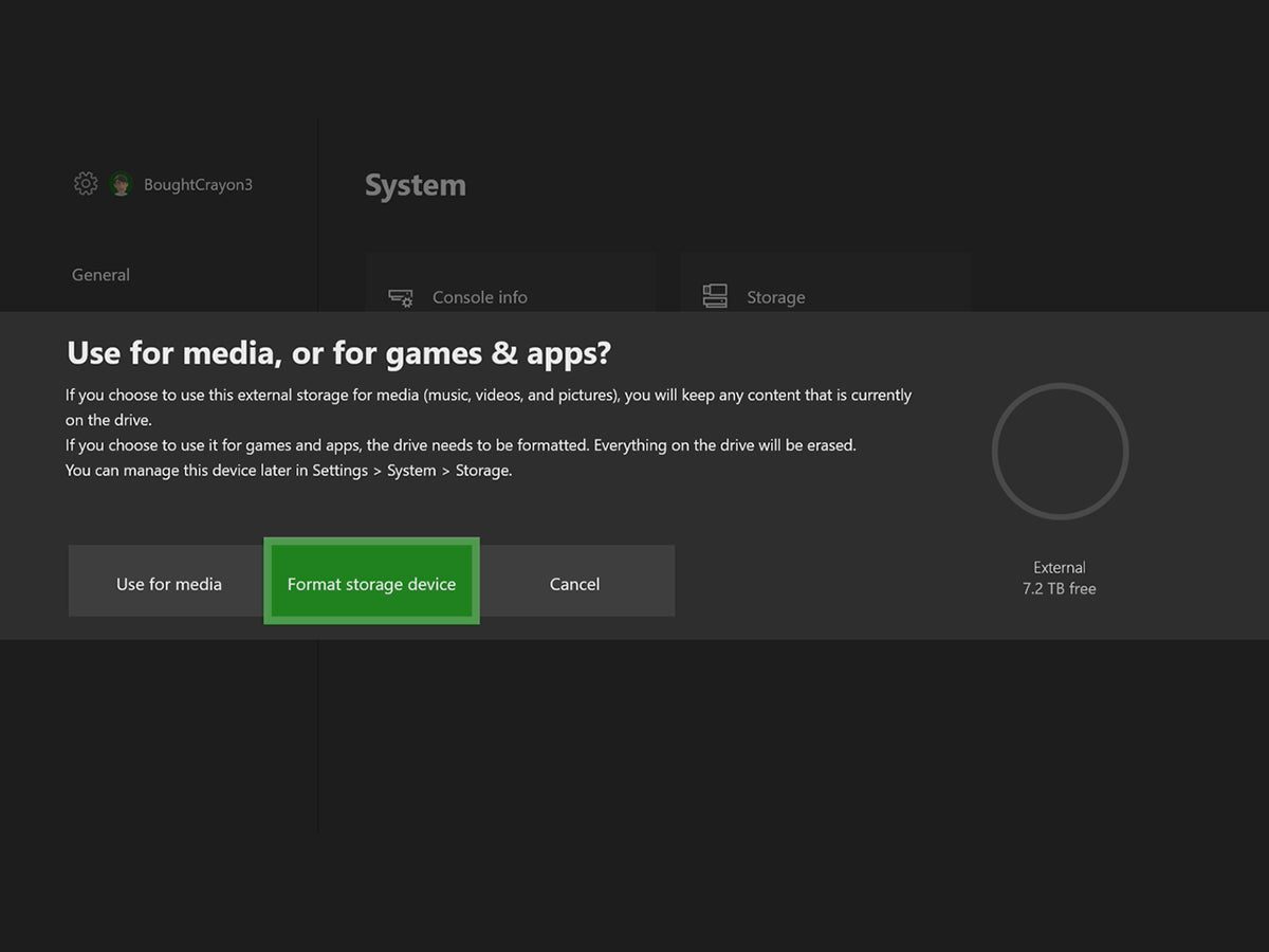 The process for formatting an Xbox One external storage device.