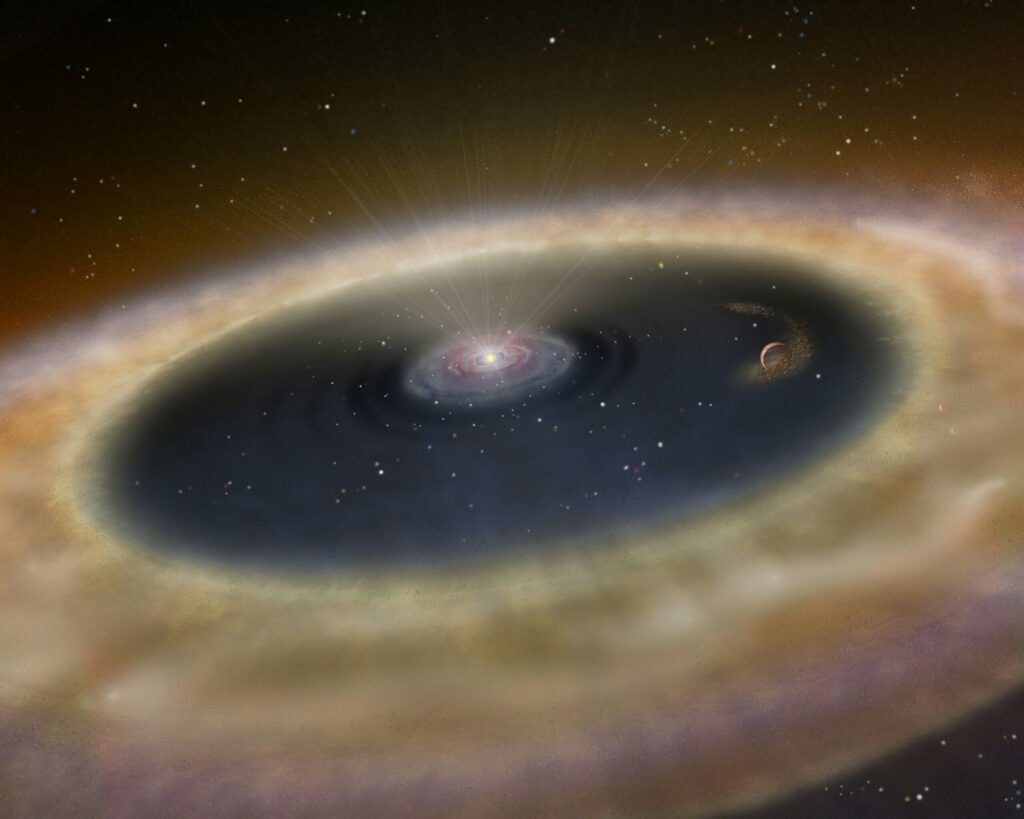 ArtistÕs impression of a baby star still surrounded by a protoplanetary disc in which planets are forming. Using ESOÕs very successful HARPS spectrograph, a team of astronomers has found that Sun-like stars which host planets have destroyed their lithium much more efficiently than planet-free stars. This finding does not only shed light on the low levels of this chemical element in the Sun, solving a long-standing mystery, but also provides astronomers with a very efficient way to pick out the stars most likely to host planets. It is not clear what causes the lithium to be destroyed. The general idea is that the planets or the presence of the protoplanetary disc disturb the interior of the star, bringing the lithium deeper down into the star than usual, into regions where the temperature is so hot that it is destroyed.