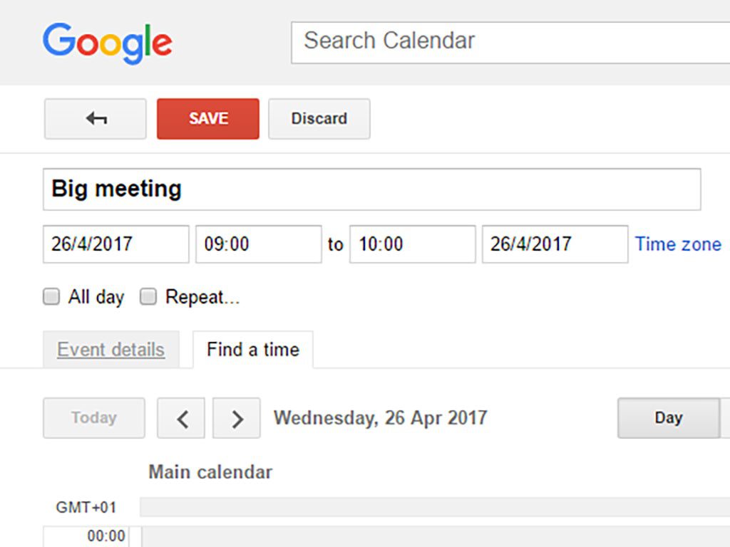 The Find a time option when creating an event in Google Calendar.