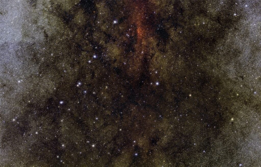 This image is a mosaic of two Vista views of the Milky Way's center, in the constellation Sagittarius. The image shows about one million stars, most of which are normally hidden behind thick dust clouds.