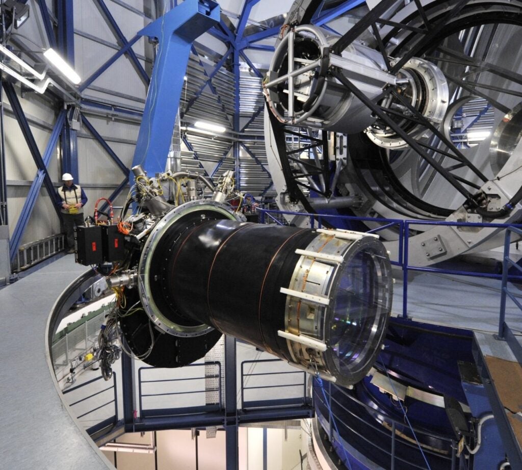 Vista's 3-ton infrared camera, suspended in the air while the telescope's main mirror is recoated.