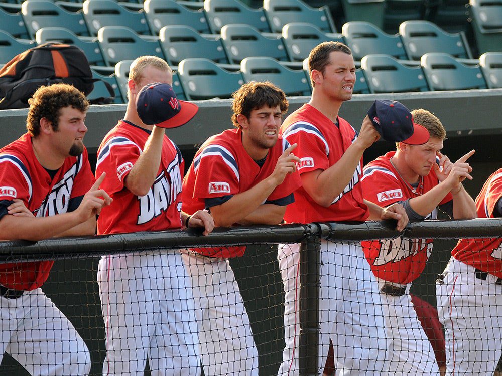 Dayton baseball players twirling their fingers