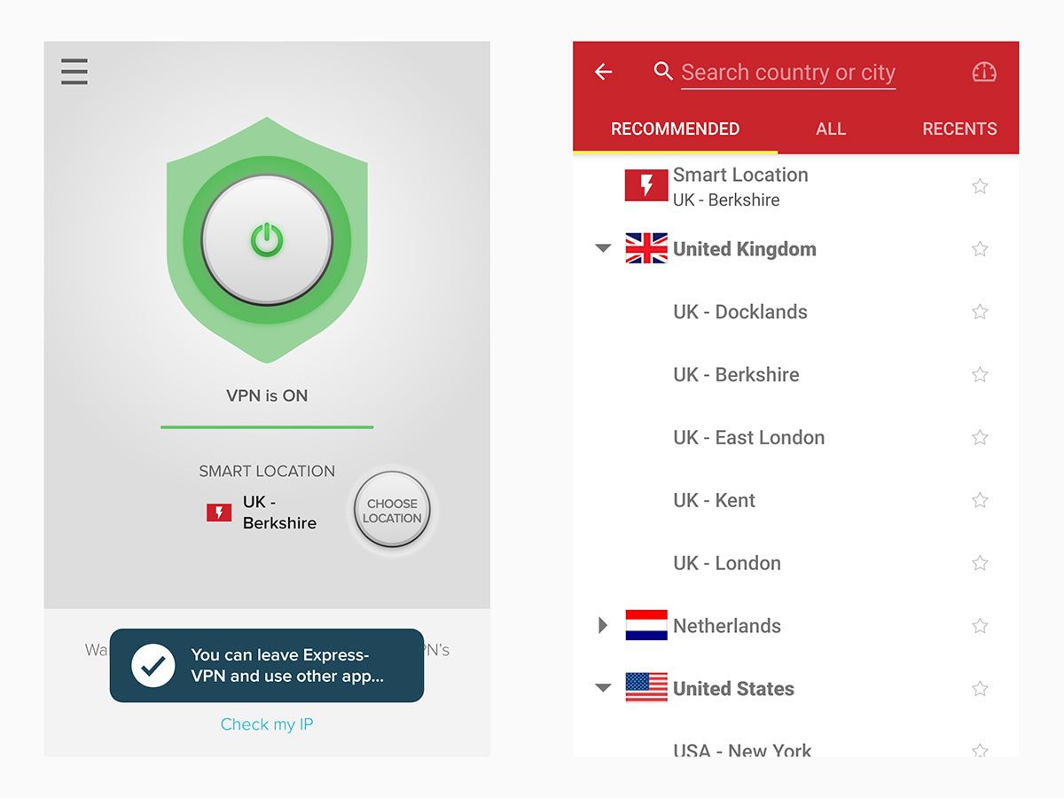 Choosing a service location on ExpressVPN.