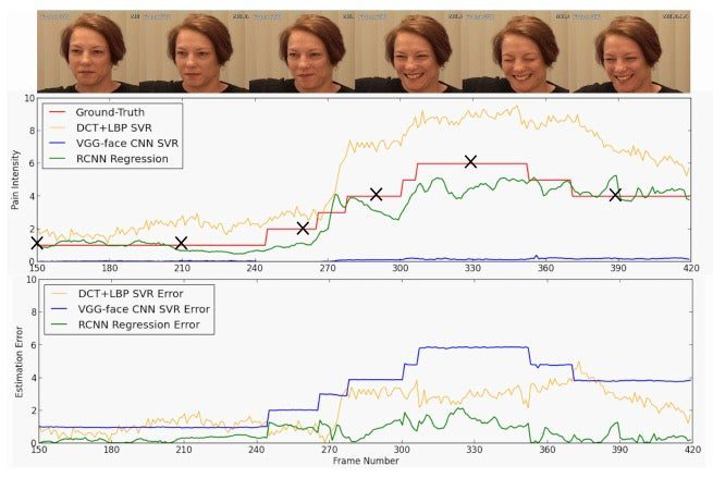 The green line on both graphs are the A.I.'s results; the top chart marks estimated pain, while the bottom chart is the margin of error.
