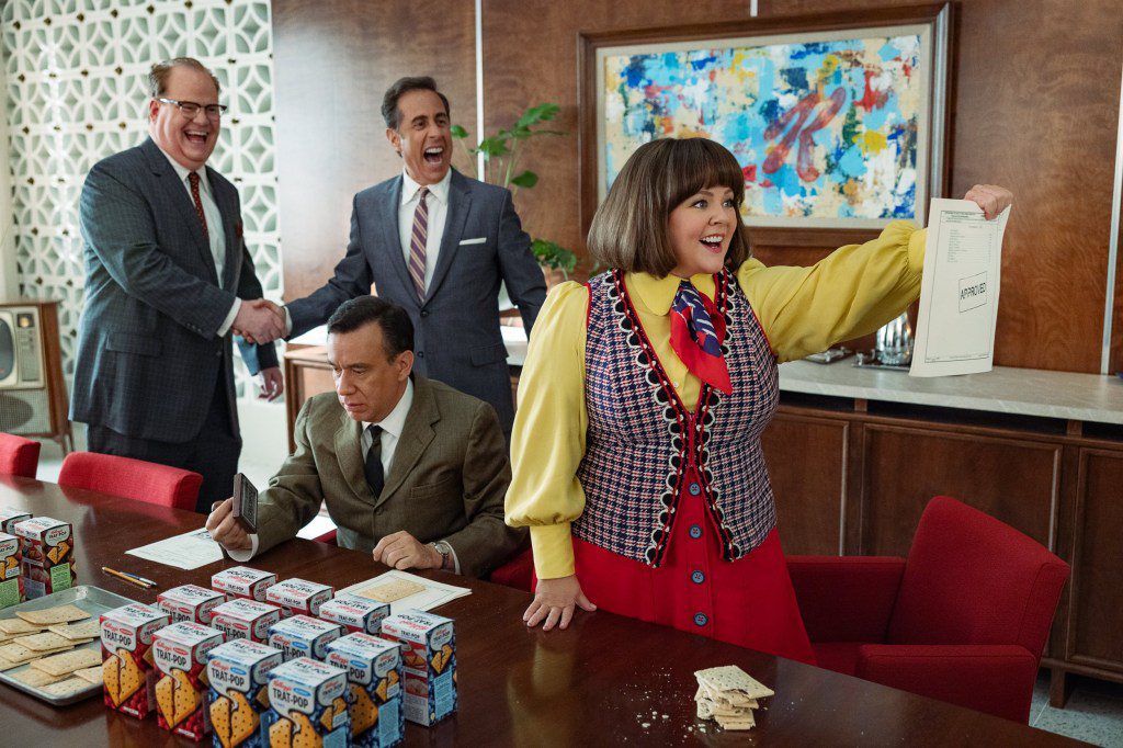 Unfrosted: The Pop-Tart Story, Jim Gaffigan as Edsel Kellogg III, Jerry Seinfeld (Director) as Bob Cabana, Fred Armisen as Mike Puntz and Melissa McCarthy as Donna Stankowski in Unfrosted: The Pop-Tart Story