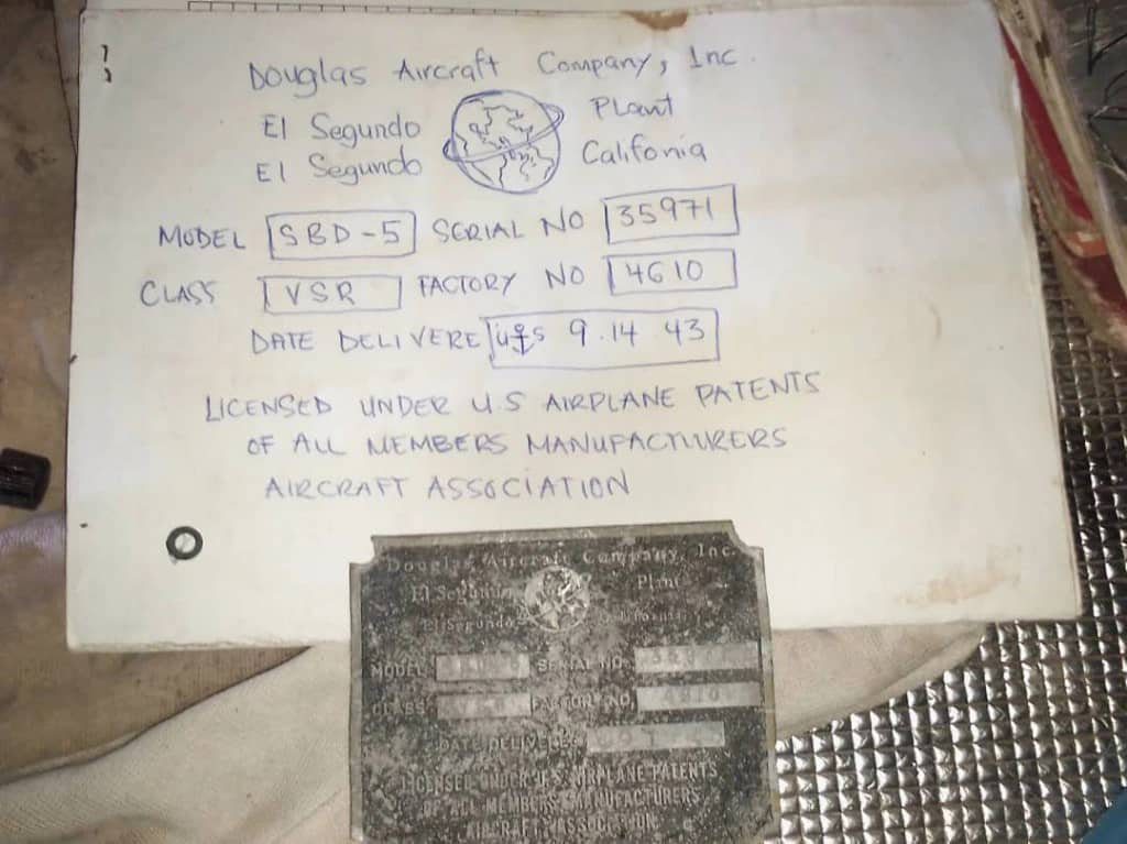 The transcribed Plane ID. Release date ? February 15 2024. See SWNS story SWTPdauntless. The remains of a World War Two bomber and its pilot have been found in Papua New Guinea jungle after going missing in action. The bomber, named SBD Dauntless, was found in early January deep in the jungle in New Ireland, Papua New Guinea. The plane was piloted by Lt. Billy Ray Ramsey, from Eastland, Texas, considered missing in action, along with gunner Sgt. Charlie J. Sciara, from Brooklyn, New York. The plane and remains were discovered by local Kilala Kindau, who claims the US embassy confirmed the serial number found on the wreck belonged to SBD Dauntless.