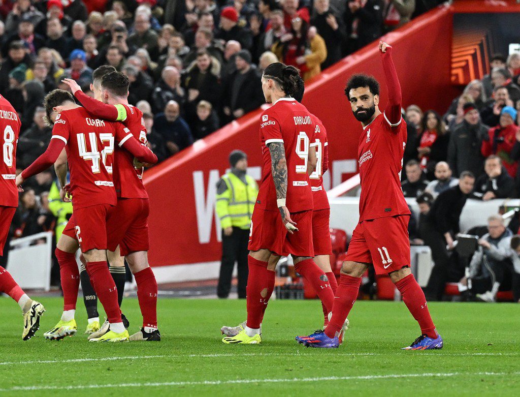 LIVERPOOL, ENGLAND - MARCH 14: (THE SUN OUT. THE SUN ON SUNDAY OUT) Mohamed Salah of Liverpool celebrates after scoring the third goal during the UEFA Europa League 2023/24 round of 16 second leg match between Liverpool FC and AC Sparta Praha at Anfield on March 14, 2024 in Liverpool, England. (Photo by John Powell/Liverpool FC via Getty Images)