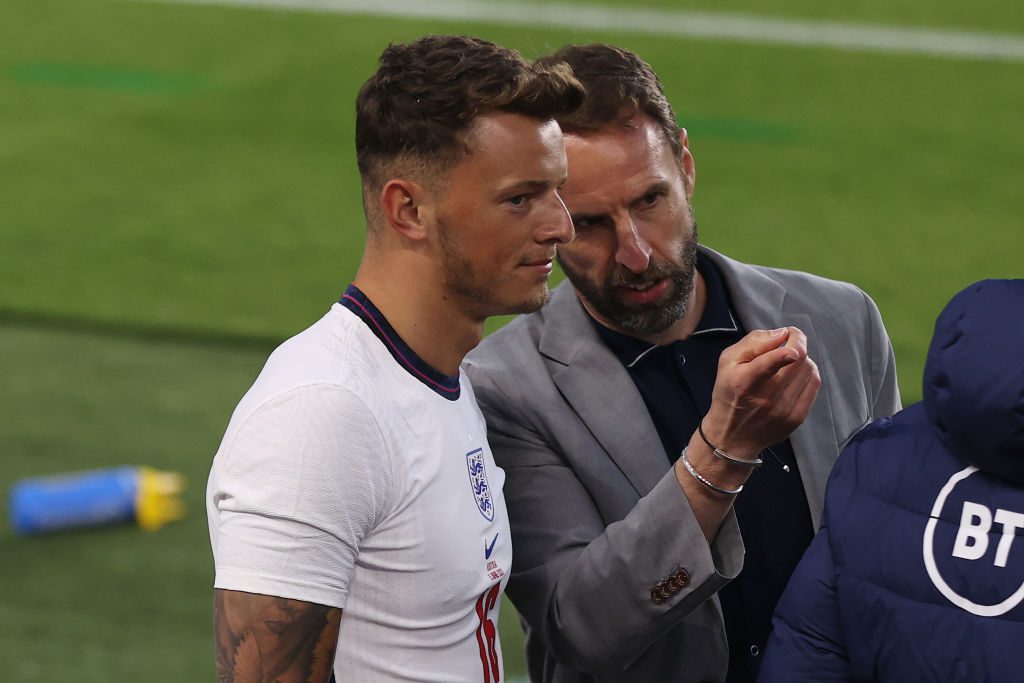 Gareth Southgate, Head Coach of England and Ben White of England interact during the international friendly match between England and Austria at Riverside Stadium on June 02, 2021 in Middlesbrough, England.