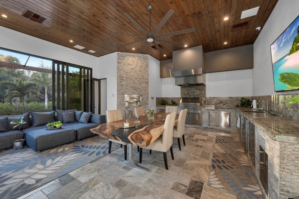 Story from Jam Press (Gun Room Mansion) Pictured: The kitchen. Mansion with fortified SAFE ROOM full of guns hits market for $4.5M A mansion with a fortified safe room full of guns and cameras has gone on the market for $4.5 million. The secure room has ball bearings cast in solid poured concrete and an advanced security system with 32 cameras for ???peace of mind???. The sprawling home is in Fort Myers, Florida, and boasts four bedrooms and six bathrooms spread out across 5,700 sq ft. As well as the panic room, the mansion has a host of luxury features. Highlights include a 12-car garage, a stunning swimming pool, and a luxury South African Braai barbequing room equipped with specialist equipment. But the showstopper, perhaps, is a home cinema worth over $1 million ??? which is professionally certified and includes an impressive sound system and bison leather seating for an ???unmatched cinematic experience???. Throughout the home are luxe touches, including white pearl Cristallo Quartzite countertops and Thermador appliances grounded by the Legno and Bastone White Oak floors. Bowers & Wilkens surround sound is installed throughout, as are multiple 100-inch television sets, and a Savant smart home system. The listing reads: ???The estate is a marvel of design, where sheer elegance meets functionality, with a touch of excess. ???Welcome to your sanctuary of unparalleled sophistication and comfort, it???s time to live life to the fullest and make memories in this unparalleled home.??? The property ??? which features on What's The Jam ??? is currently on the market with the Aaron Wolf Group at John R Wood Christie???s International. ENDS EDITOR???S NOTE: Video Usage Licence: (PROFESSIONAL PARTNER) We have obtained this material from a professional partner for use by our news media clients (company press release / other media agency). Video Restrictions: None.
