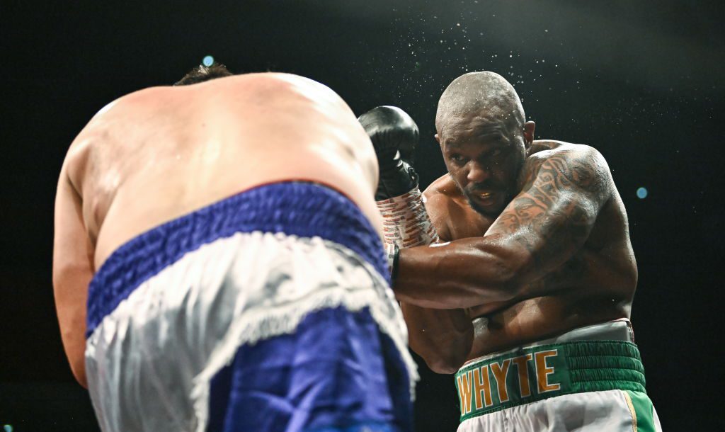 Dillian Whyte, right, in action against Christian Hammer during their heavy weight bout at TF Royal Theatre in Castlebar, Mayo..