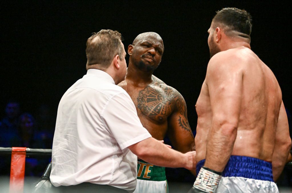  Dillian Whyte in conversation with Christian Hammer, right, after their heavy weight bout was stopped by Hammer's corner, resulting in victory for Whyte, after the third round at TF Royal Theatre in Castlebar, Mayo