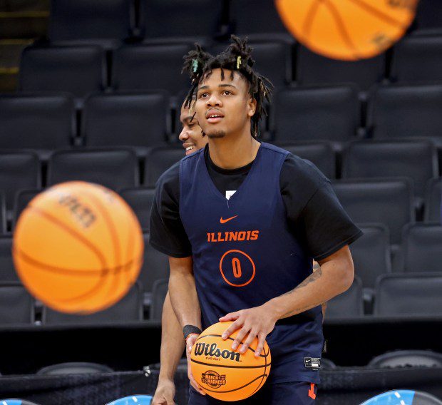 Illinois Fighting Illini guard Terrence Shannon Jr. (0) takes some shots as Illinois takes a practice held before round 4 of the NCAA East Regionals at the Garden on March 27. (Staff Photo By Stuart Cahill/Boston Herald)