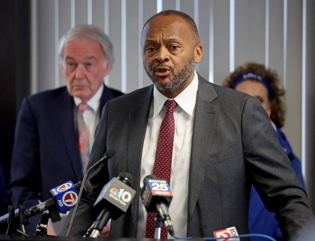Boston , MA - March 27: Michael Curry, President and CEO of the Massachusetts League of Community Health Center speaks during a press conference about Steward reaching a deal with UnitedHealth. (Matt Stone/Boston Herald)
