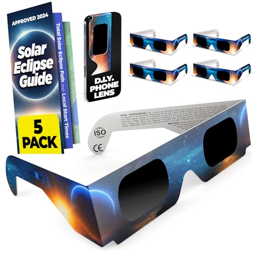 Medical king Solar Eclipse Glasses Approved 2024, (5 PACK) CE and ISO Certified Safe Shades for Direct Sun Viewing + Bonus Eclipse Guide With Map