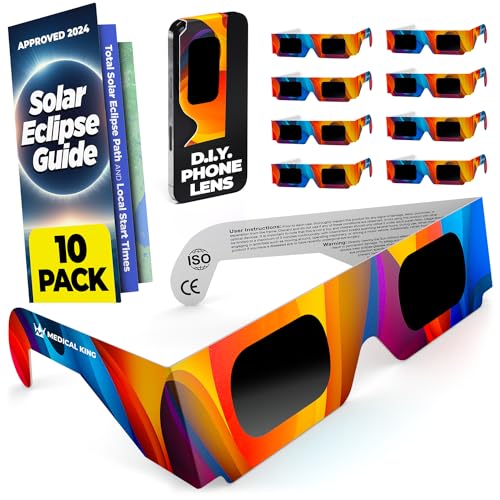 Medical king Solar Eclipse Glasses (10 pack) 2024 CE and ISO Certified Approved 2024 Safe Shades for Direct Sun Viewing Includes Bonus Eclipse Guide With Map