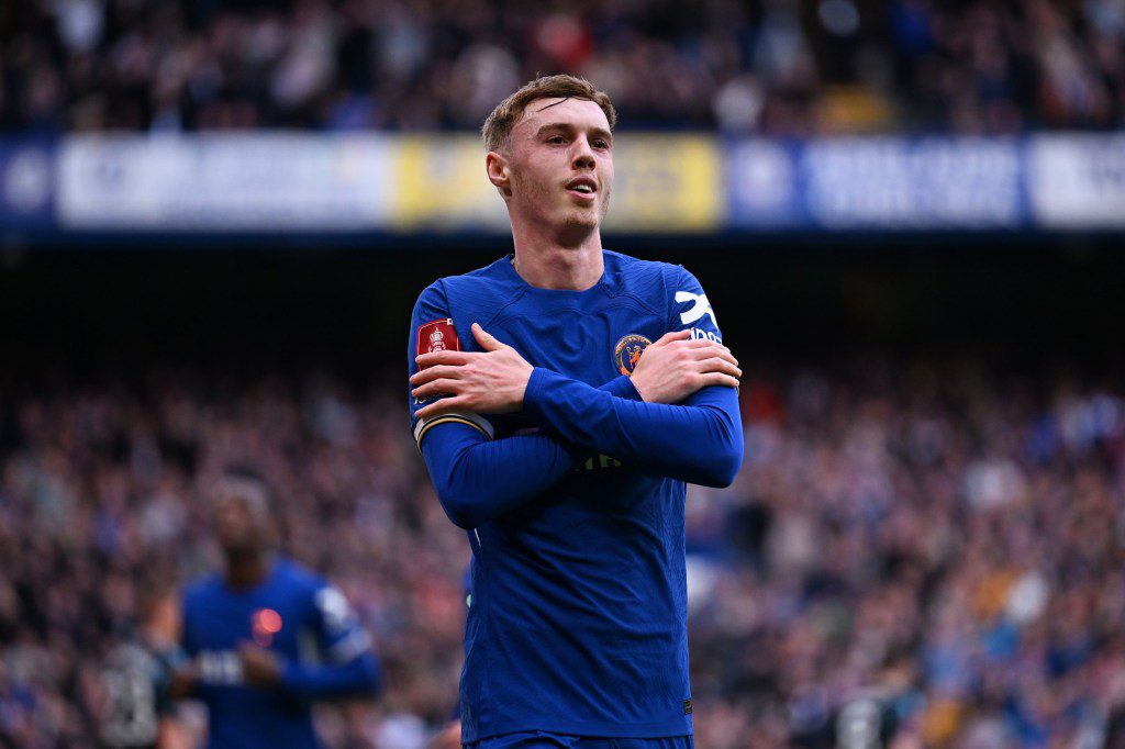 Cole Palmer of Chelsea celebrates scoring his team's second goal during the Emirates FA Cup Quarter Final between Chelsea FC and Leicester City