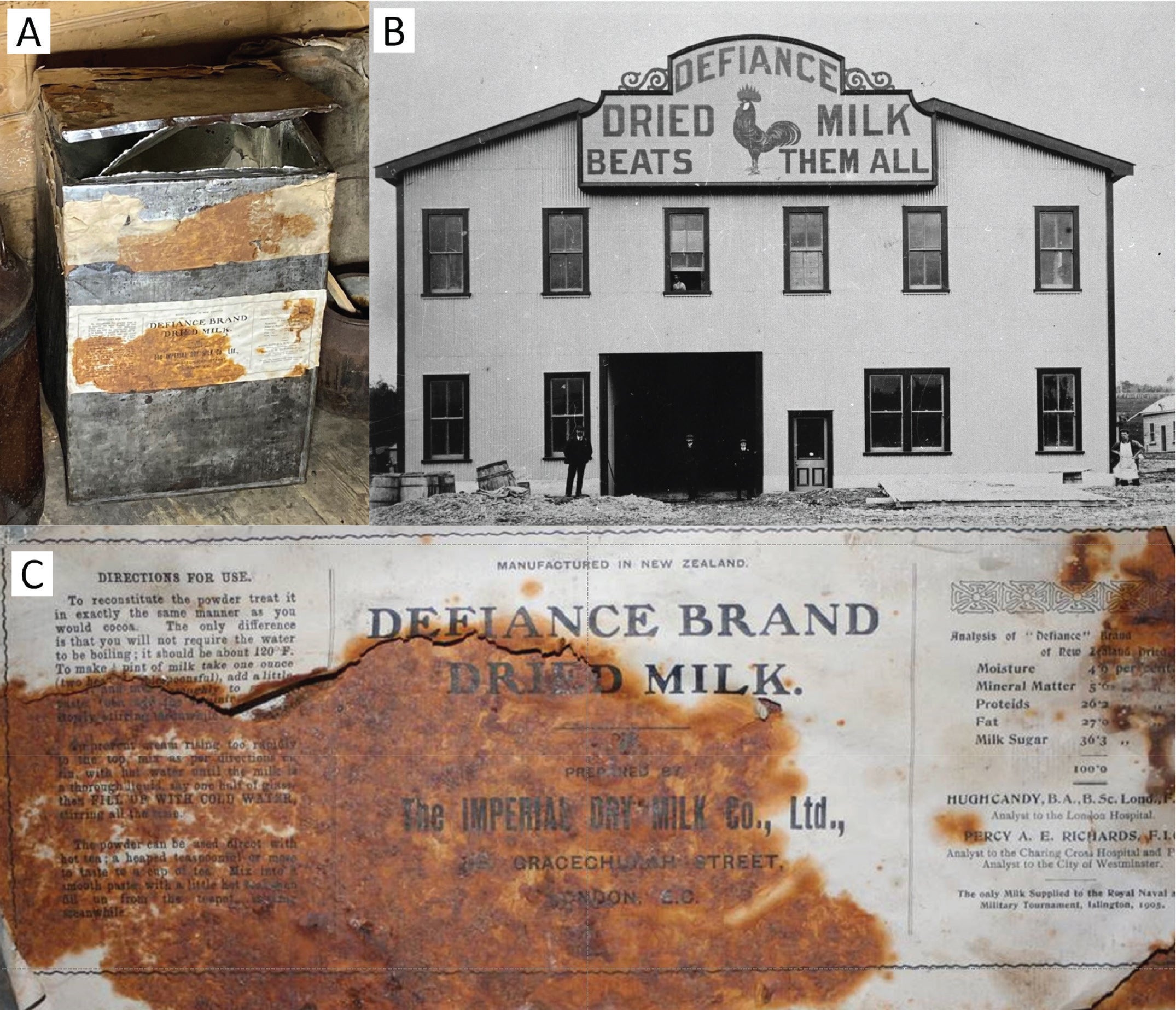 The photo on the top left (A) shows the tin-plated can of Defiance brand dried milk found in Shackletonâs Cape Royds base camp hut, with a close-up label in the bottom photo (C) (courtesy of the Antarctic Heritage Trust, Christchurch, New Zealand). The top-right photo (B) is of the Joseph Nathan & Sons Bunnythorpe Defiance Dried Milk Factory circa 1904 (courtesy of Massey University, Palmerston North, New Zealand).
