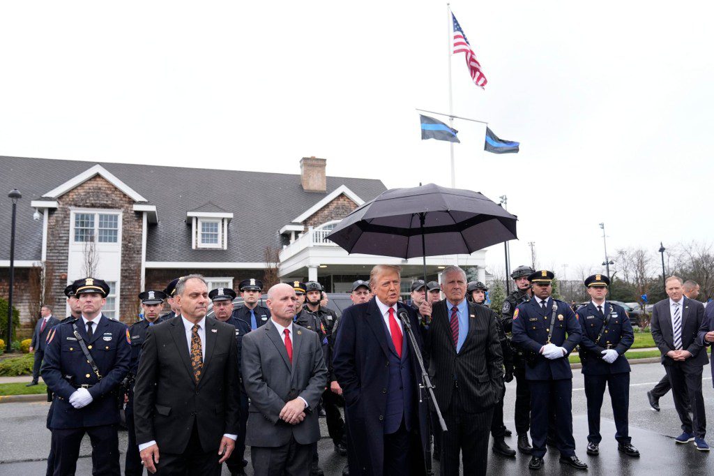 Former President Donald Trump speaks during a news conference after attending the wake of New York City police officer Jonathan Diller 