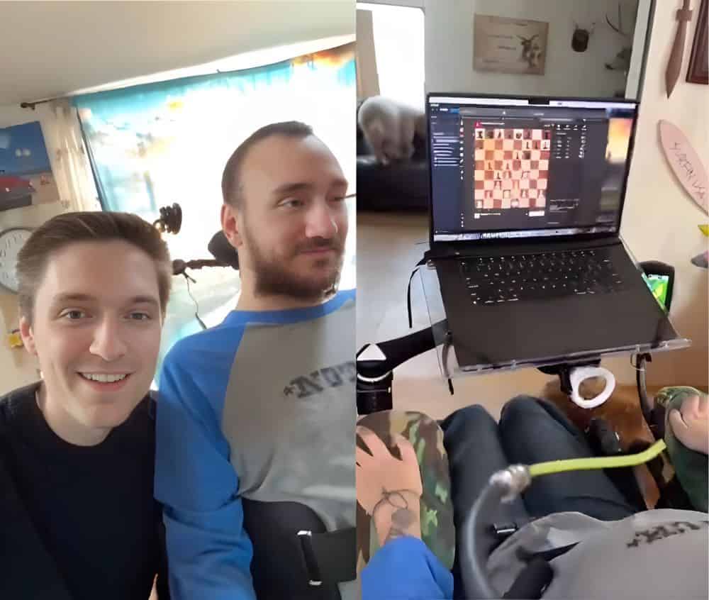 The 29-year-old quadriplegic Noland Arbaugh, a Neuralink user, plays chess using Brain Computer Interface, next to Bliss Chapman (right), a Neuralink engineer.