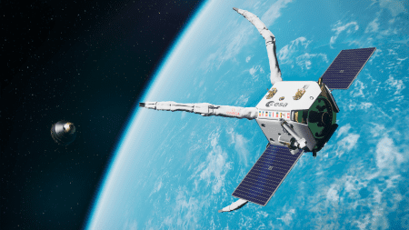 – artistic impression of the servicer clearspace 1 approaching a space debris object vespa during the clearspace 1 mission to take place in 2026 2023 clearspace