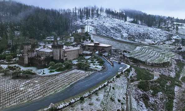 Large Winter Storm Brings Snow To Unusually Low Elevations Throughout California's Napa Wine Region