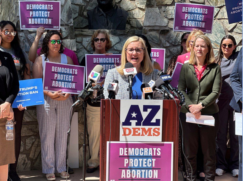 Phoenix Mayor Kate Gallego speaks to reporters at the Arizona state capitol regarding the Supreme Court's reinstatement of a 1864 law banning virtually all abortions