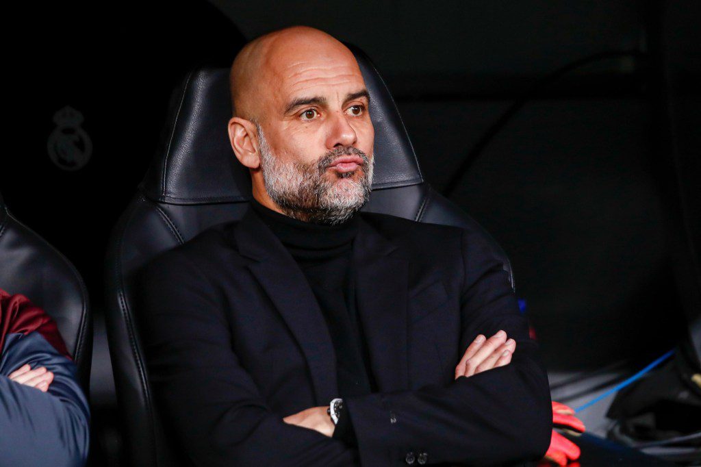 Pep Guardiola, head coach of Manchester City, looks on during the UEFA Champions League, Quarter finals, football match played between Real Madrid and Manchester City at Santiago Bernabeu stadium