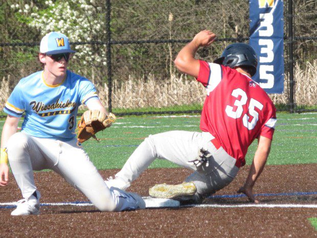 Plymouth Whitemarsh's Johnny Giordano, 35, steals second base in front of Wissahickon's Josh Stonesifer Tuesday, April 9, 2024. (Ed Morlock/MediaNews Group)