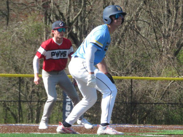 Wissahickon's Finn Olszewski takes a lead off third base against Plymouth Whitemarsh Tuesday, April 9, 2024. (Ed Morlock/MediaNews Group)