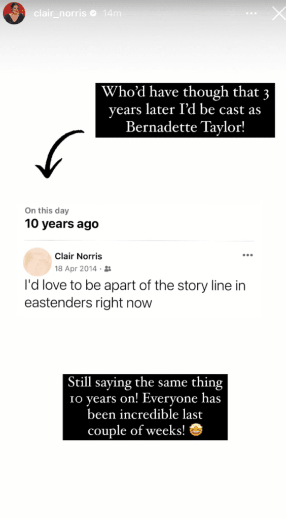 Clair Norris' Instagram manifesting her role as Bernie Taylor on EastEnders