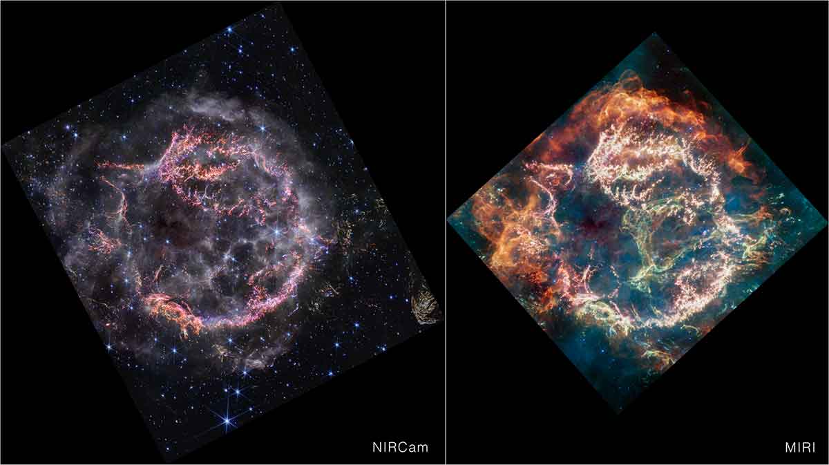 This image provides a side-by-side comparison of supernova remnant Cassiopeia A (Cas A) as captured by NASA’s James Webb Space Telescope’s NIRCam (Near-Infrared Camera) and MIRI (Mid-Infrared Instrument). Credits: NASA, ESA, CSA, STScI, Danny Milisavljevic (Purdue University), Ilse De Looze (UGent), Tea Temim (Princeton University)
