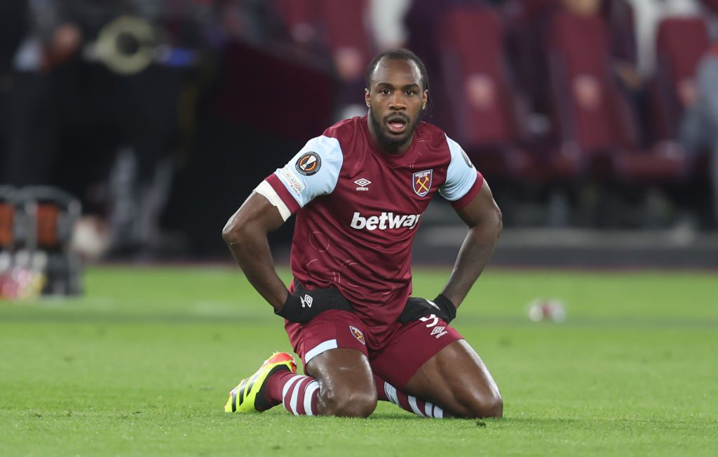 Michail Antonio pictured looking dejected during West Ham's match against Bayer Leverkusen