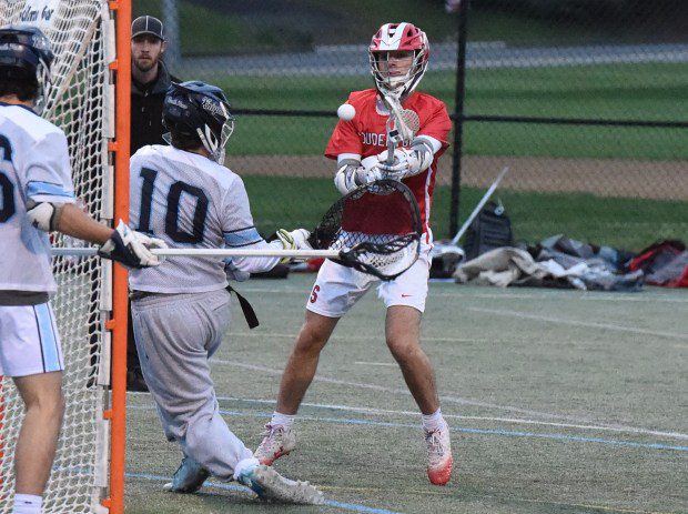 Souderton's Brody Anderson, 4, scores a goal against North Penn during their game on Thursday, April 18, 2024. (Mike Cabrey/MediaNews Group)