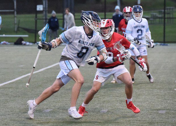 North Penn's Luigi Cardone, 8, looks to get past Souderton's Jaden Knize, 8, during their game on Thursday, April 18, 2024. (Mike Cabrey/MediaNews Group)