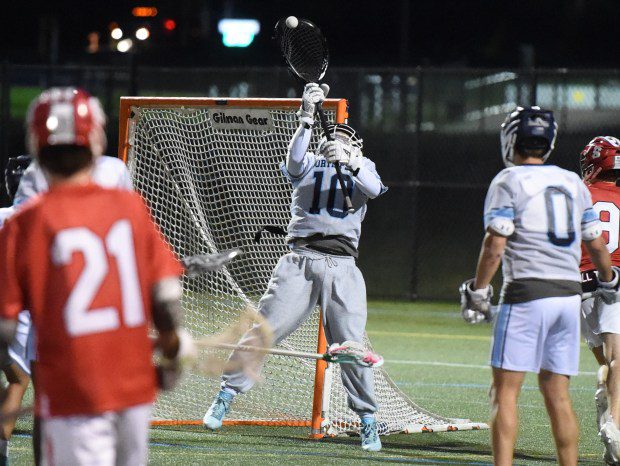 North Penn goalkeeper Conor Howard, 10, makes a save against Souderton during their game on Thursday, April 18, 2024. (Mike Cabrey/MediaNews Group)