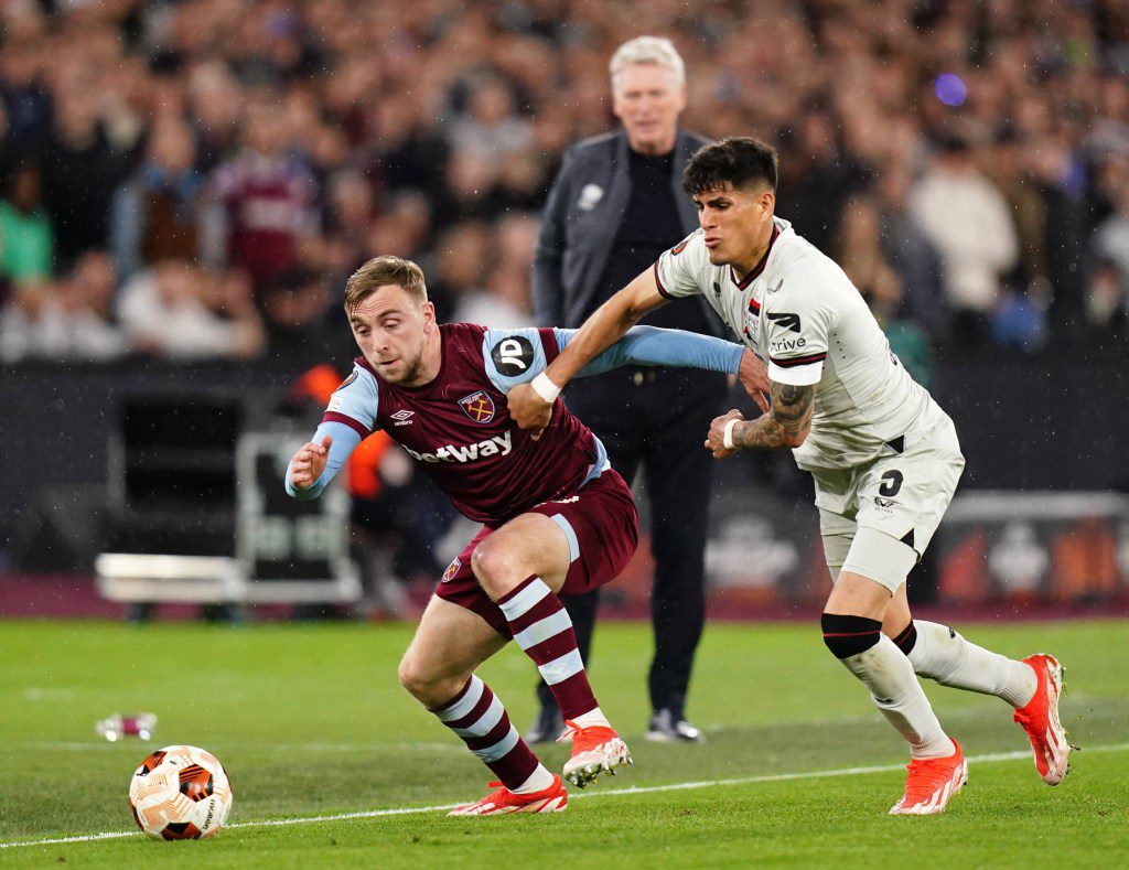 West Ham United's Jarrod Bowen (left) and Bayer Leverkusen's Piero Hincapie battle for the ball during the UEFA Europa League, quarter-final second leg match at the London Stadium