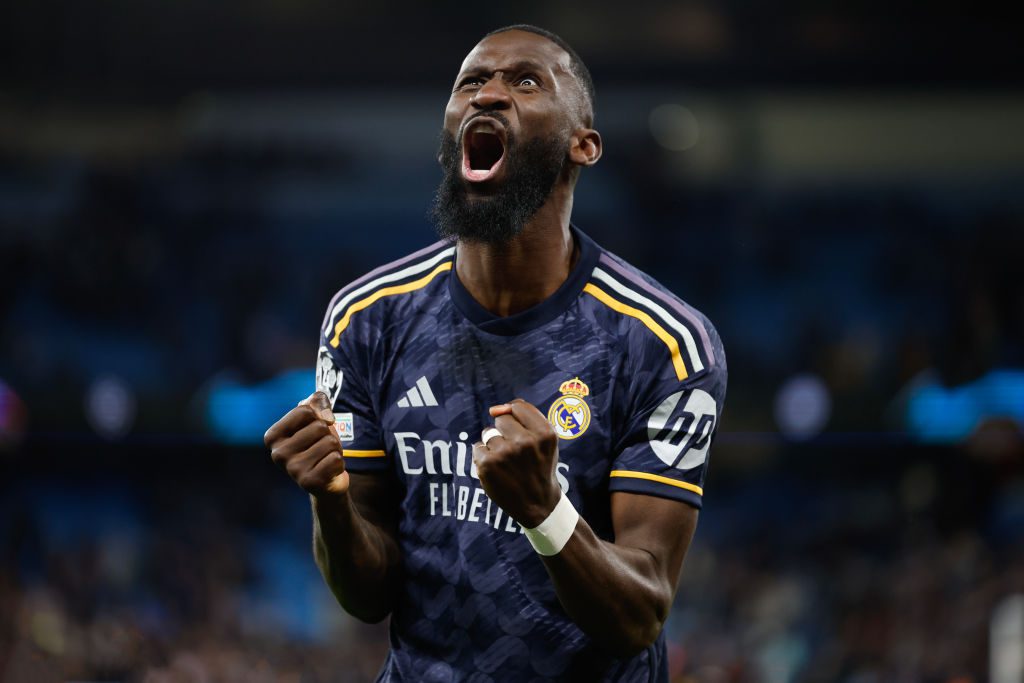 Antonio Rudiger celebrates beating Manchester City