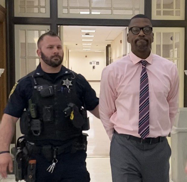 Khalilh Evans is escorted to a Montgomery County courtroom for his trial on April 18, 2024. (Photo by Carl Hessler Jr. - MediaNews Group)