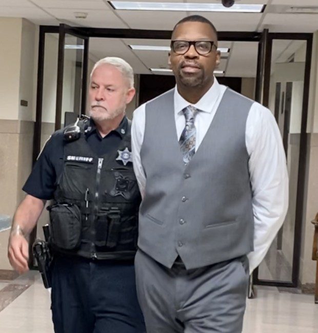 Khalilh Evans is escorted by a deputy sheriff from a Montgomery County courtroom on April 17, 2024, during a break at his trial. (Photo by Carl Hessler Jr. - MediaNews Group)