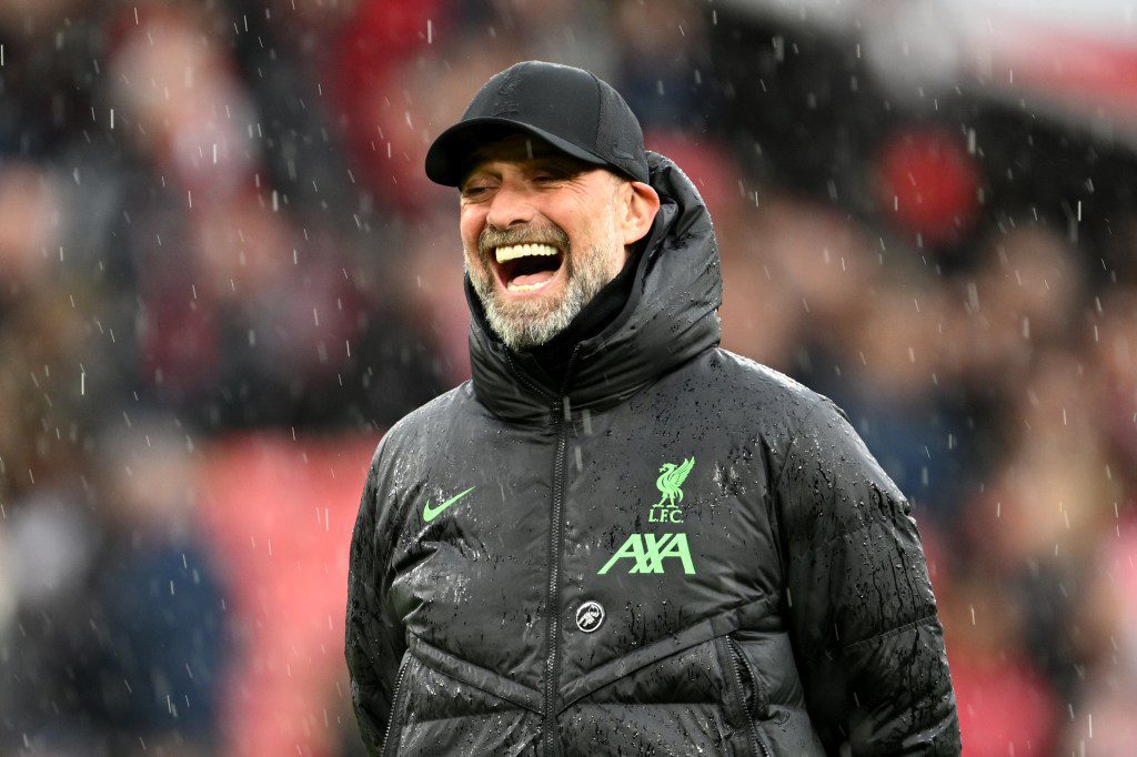 Jurgen Klopp pictured with a huge smile during Liverpool's game against Man United