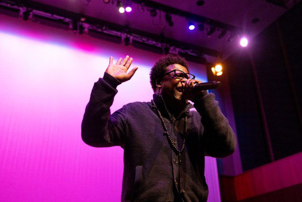Multidisciplinary artist avery r. young, the inaugural Chicago Poet Laureate, performs at the Reva and David Logan Center for the Arts on April 27, 2023. (Eileen T. Meslar/Chicago Tribune)