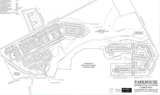 This proposed conception plan for a "cluster development" on the undeveloped land at Parkhouse was submitted to the township in March along with a proposed amendment to the zoning ordinance to allow its construction. (Image via Upper Providence Township)