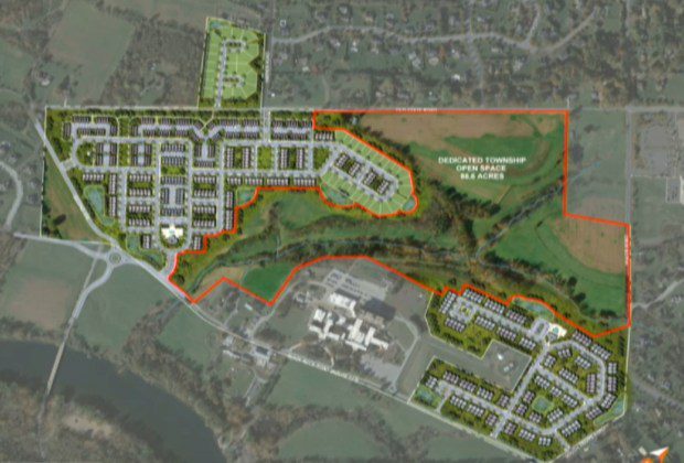 This rendering of the proposed alternative development of the Parkhouse property shows a red boundary line outlining the open space that would be donated to the township. (Image via Upper Providence Township)