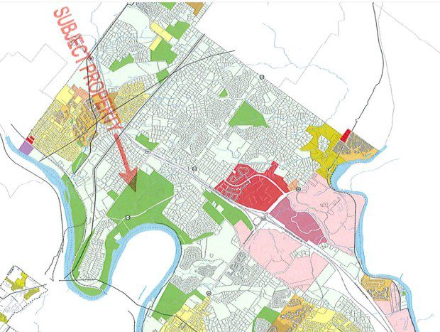 This zoning map from a 2023 real estate appraisal of the property shows the Parkhouse farm property as the large parcel in green. (Image via Upper Providence Township)